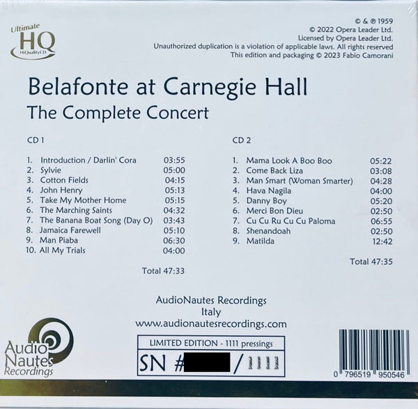 HARRY BELAFONTE - AT CARNEGIE HALL THE COMPLETE CONCERT (2 X UHQCD) MADE IN JAPAN